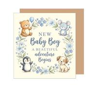 Edition Seidel Premium tarjeta de nacimiento cuadrada con sobre. Tarjeta mensaje en inglés Hello Bienvenido Baby Boy animal flores (EQ187 SW026)