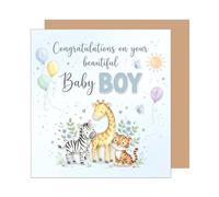 Edition Seidel Premium tarjeta de nacimiento cuadrada con sobre. Tarjeta mensaje en inglés Hello Bienvenido Baby Boy animal rayo de sol (EQ182 SW026)