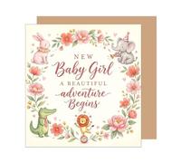 Edition Seidel Premium tarjeta de nacimiento cuadrada con sobre. Tarjeta mensaje en inglés Hello Bienvenido Baby Girl animal flores (EQ188 SW026)