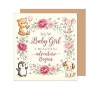 Edition Seidel Premium tarjeta de nacimiento cuadrada con sobre. Tarjeta mensaje en inglés Hello Bienvenido Baby Girl animal flores (EQ186 SW026)