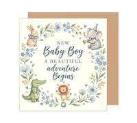 Edition Seidel Premium tarjeta de nacimiento cuadrada con sobre. Tarjeta mensaje en inglés Hello Bienvenido New Baby Boy animal aventura (EQ189 SW026)