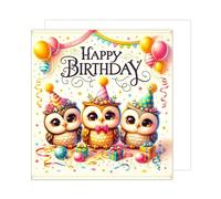 Edition Seidel Tarjeta de cumpleaños cuadrada de primera calidad Tarjeta de felicitación de cumpleaños para niñas, niños, hijas, hijos, niños, niños, diseño de búhos (GQ281 SW024)