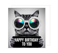 Edition Seidel Tarjeta de cumpleaños cuadrada premium con sobre. Tarjeta de animales feliz cumpleaños para mujer y hombre, gafas de sol de gato genial, humor divertido (GQ298 SW024)