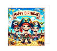 Edition Seidel Tarjeta de cumpleaños cuadrada Premium con sobre. Tarjeta de felicitación de feliz cumpleaños para niños, hijos, niños, piratas (GQ264 SW024)