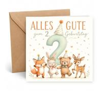 Edition Seidel Tarjeta de felicitación cuadrada de 2º cumpleaños con sobre, tarjeta de felicitación para niños, tarjeta con texto en alemán "Alles Gute für Baby Junge Mädchen niedlich süßlich Tiere