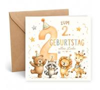 Edition Seidel Tarjeta de felicitación cuadrada de 2º cumpleaños con sobre, tarjeta de felicitación para niños, tarjeta con texto en alemán "Alles Gute für Baby Junge Mädchen niedlich süßlich Tiere