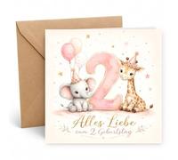 Edition Seidel Tarjeta de felicitación cuadrada de 2º cumpleaños con sobre, tarjeta de felicitación para niños, tarjeta con texto en alemán "Alles Gute für Baby Junge Mädchen niedlich süßlich Tiere