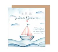 Edition Seidel Tarjeta de felicitación cuadrada de primera calidad para comunión con sobre, tarjeta de felicitación, tarjeta de felicitación, con refranes para jóvenes, niñas, jóvenes, mar, velero