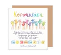 Edition Seidel Tarjeta de felicitación cuadrada de primera calidad para comunión con sobre, tarjeta de comunión, tarjeta de felicitación, con refranes, niñas, jóvenes, manos coloridas, felicidad