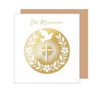 Edition Seidel Tarjeta de felicitación cuadrada de primera calidad para comunión con sobre, tarjeta de comunión, tarjeta de felicitación, tarjeta para niñas, jóvenes, corona de flores, oro noble