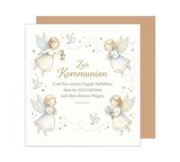 Edition Seidel Tarjeta de felicitación cuadrada de primera calidad para comunión con sobre, tarjeta de comunión, tarjeta de felicitación, con refranes, niñas, jóvenes, ángeles, flores, flores (KOQ133