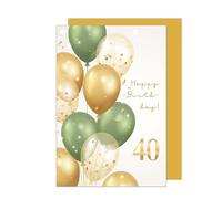 Edition Seidel Tarjeta de felicitación de 40 cumpleaños premium con sobre. Billet Happy Birthday para hombre mujer oro verde globos (GZ352-40 SW024)