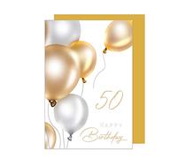 Edition Seidel Tarjeta de felicitación de 50 cumpleaños premium con sobre. Tarjeta de felicitación Billet Happy Birthday para mujer hombre adolescentes oro globos (GZ349-50 SW023)