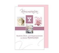 Edition Seidel Tarjeta de felicitación de comunión con sobre. Una sola tarjeta para comunión, tarjeta de felicitación de ángel, velas, cáliz, flor joven y niña (KO174 SW023)