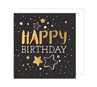 Edition Seidel Tarjeta de felicitación de cumpleaños cuadrada premium con sobre. Billet Happy Birthday para mujer hombre niñas niños adolescentes negro oro estrellas (GQ100)