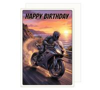 Edition Seidel Tarjeta de felicitación de cumpleaños premium con sobre, tarjeta de felicitación de cumpleaños, con texto en alemán para hombre, mujer, novio, novia, acción, cómic en moto (G3984 SW026)