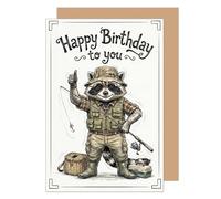 Edition Seidel Tarjeta de felicitación de cumpleaños premium con sobre, tarjeta de felicitación en inglés para hombre, amigo, padre, abuelo, niño, mapache, pesca, (G4019 SW026)