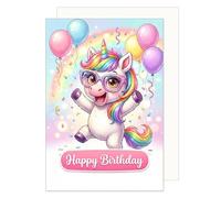 Edition Seidel Tarjeta de felicitación de cumpleaños premium con sobre, tarjeta de felicitación, tarjeta de cumpleaños, con texto en inglés, unicornio, arco iris, globos bonitos y coloridos para niños