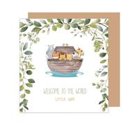 Edition Seidel Tarjeta de felicitación de nacimiento cuadrada de alta calidad con sobre, tarjeta de bebé con texto en inglés "Hello Baby Boy Girl Ark Animals Little One" (EQ114 SW024)