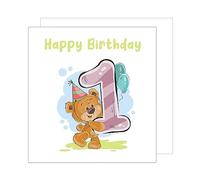 Edition Seidel Tarjeta de felicitación de primer cumpleaños con sobre, cuadrada, con sobre, tarjeta de cumpleaños, Billet, niña, niño, bebé, niño, regalo de oso, globos (GZQ106-1 SW024)