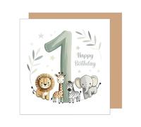 Edition Seidel Tarjeta de felicitación de primer cumpleaños de primera calidad con sobre, tarjeta de cumpleaños con texto en inglés "Happy Birthday Billet", para niñas, niños, animales (GQ532 SW025)