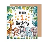 Edition Seidel Tarjeta de felicitación de primer cumpleaños de primera calidad con sobre, tarjeta de cumpleaños con texto en inglés "Happy Birthday Billet", para niñas, niños, animales (GQ526 SW025)