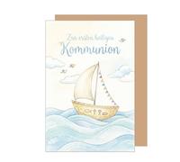Edition Seidel Tarjeta de felicitación de primera calidad para comunión con sobre, tarjeta de felicitación para primera comunión, refranes para niñas, jóvenes, jóvenes, olas, velero (KO337 SW026)