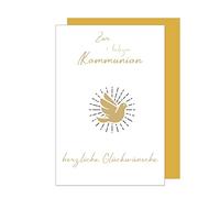 Edition Seidel Tarjeta de felicitación de primera calidad para comunión con sobre. Una sola tarjeta de comunión para la 1ª comunión, paloma dorada, joven niña (KO283 SW023)