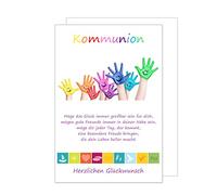 Edition Seidel Tarjeta de felicitación para comunión con sobre, tarjeta de comunión con texto en alemán "Grus", diseño de manos coloridas para niño y niña (KO180 SW023)