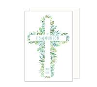 Edition Seidel Tarjeta de felicitación para comunión con sobre, tarjeta de comunión, tarjeta de felicitación, cruz, ramas verdes, hojas para niño y niña (KO281 SW023)