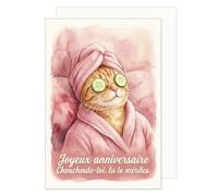 Edition Seidel tarjeta de felicitación premium de cumpleaños con sobre. Tarjeta de felicitación con frase en francés Joyeux Anniversaire para hombre mujer amigos humor gato spa (G4151 SW026)