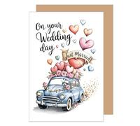 Edition Seidel Tarjeta de felicitación premium para boda con sobre, tarjeta de felicitación de boda, tarjeta de felicitación de matrimonio, día de boda, pareja de novios, corazón, amor, coche antiguo