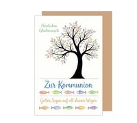 Edition Seidel Tarjeta de felicitación premium para comunión con sobre, tarjeta de comunión, tarjeta de felicitación, con refranes, niñas, jóvenes, árboles, hojas, multicolor, bendición natural (KO362