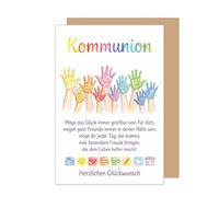 Edition Seidel Tarjeta de felicitación premium para comunión con sobre, tarjeta de comunión, tarjeta de felicitación, con refranes, niñas, jóvenes, manos coloridas, deseos felicidad (KO350 SW026)