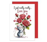 Edition Seidel Tarjeta de felicitación premium para San Valentín con sobre, tarjeta de felicitación, con texto en inglés, ratón, ramo de rosas, corazones, bonito para hombre, mujer, novio, novia