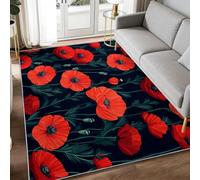 Editorial - Alfombra lavable con diseño floral de amapola, 120 x 170 cm, lavable, para salón, acuarela, botánica y hojas florales, antideslizante, para dormitorio, azul marino oscuro, pelo corto, para
