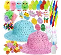 Edmirfun 2Pcs Diy Sombrero De Pascua, Manualidades De Pascua, Plumas, Zanahorias, Huevos De Colores,Decoraciones Para Fiestas De Pascua, Pascua Regalos Creativos Hechos a Mano Para Niños (Rosa y Azul)