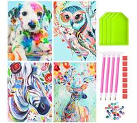 Edonkvi Diamond Painting, 4 Piezas Pintura Diamante Animales para Adultos y Niños, 5d Diamond Painting Kit Completo Perro Caballo Búho Ciervo para La Decoración de la Pared Del Hogar