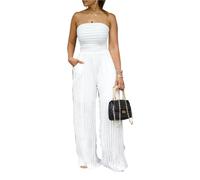 EDQPLL Women's Strapless Tube Top Jumpsuit - Off Shoulder Wide Leg Ruffle & Ruched One Piece Romper With Pockets(White,XXL)
