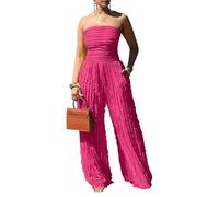 EDQPLL Women's Strapless Tube Top Jumpsuit - Off Shoulder Wide Leg Ruffle & Ruched One Piece Romper With Pockets(Rose red,S)