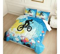 Edredón 220 x 240 cm Ciclistas y Bicicletas Niños y Adolescentes, 4 Estaciones, Edredón con Funda Azul Decoración Juvenil