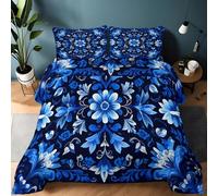 Edredón 4 Estaciones, Juego de Ropa de Cama de 3 Piezas 200 x 200 cm Flores De William Morris Elegantes Suave Edredón de Microfibra, Colcha de Invierno y Verano para Niños y Personas Alérgicas, Azul