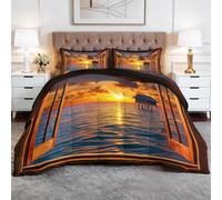 Edredón 4 Estaciones, Juego de Ropa de Cama de 3 Piezas 200 x 200 cm Paisaje Arquitectura Puesta Sol Suave Edredón de Microfibra, Colcha de Invierno y Verano para Personas Alérgicas, Color Naranja
