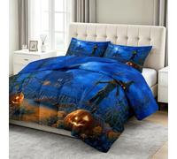 Edredón acolchado de 220 x 240 cm Halloween Campaña Calabazas Casa Encantada Impreso Edredón sin Funda, Azul Edredones 4 estaciones, 2 personas, Lavable a máquina, edredón y 2 fundas de almohada