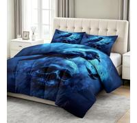 Edredón acolchado de 240 x 260 cm Halloween Animales Cuervos Esqueletos Impreso Edredón sin Funda, Azul Edredones 4 estaciones, 2 personas, reversible, lavable a máquina, edredón y 2 fundas de