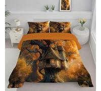 Edredón Acolchado Para Todas Las Estaciones Con Estilo Fantasía,Amarillo Funda Cojin, Juego De Edredón Reversible Suave Transpirable Con Cuento Hadas Casa Del Árbol Patrón Hoja Arce,240X220Cm