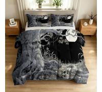 Edredón de 140 x 200 cm, gótico frisson, negro, 4 estaciones, edredón esqueleto de cara humana, árbol muerto, bosque, para cama de 1 persona, edredón ligero, reversible sin funda y 2 fundas de