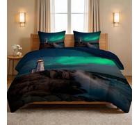 Edredón de 155 x 220 cm de fantasía aurora polar, para 4 estaciones, edredón suave para todo el año, diseño de faro, rocas, cielo estrellado, costera, lavable, con 2 fundas de almohada