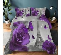 Edredón de 155 x 220 cm, estampado de estilo francés moderno, 4 estaciones, microfibra, color púrpura, juego de cama, la Torre Eiffel Le Romantisme Les Roses acolchada, decoración nórdica (suave sin