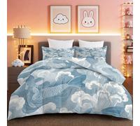 Edredón de 200 x 200 cm 4 Estaciones de Microfibra Estilo Japonés Olas PatchworkBedding Edredón con 2 Funda de Almohada de 50 x 75cm Reversible Sin Funda Azul Gris